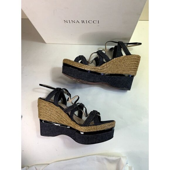 Nina Ricci Y2K Platform Wedge Espadrille Sandal Shoe Denim Size 37 / 6-7 - Picture 4 of 11